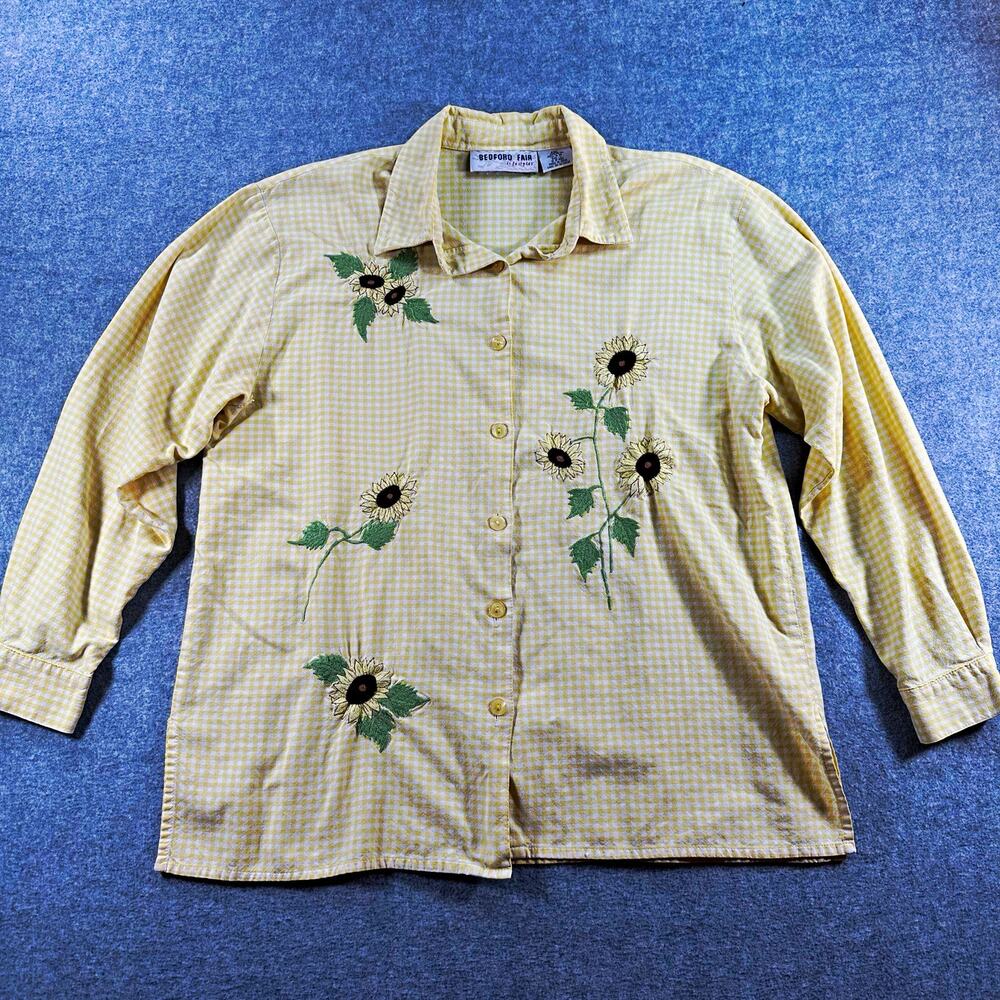 Bedford Fair Petite L Yellow White Embroidered Sunflower Cotton Button-Up